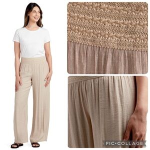 AB Studio Light Beige Khaki Wide-Leg Pull-On Pants Elastic Waist Flowy Small